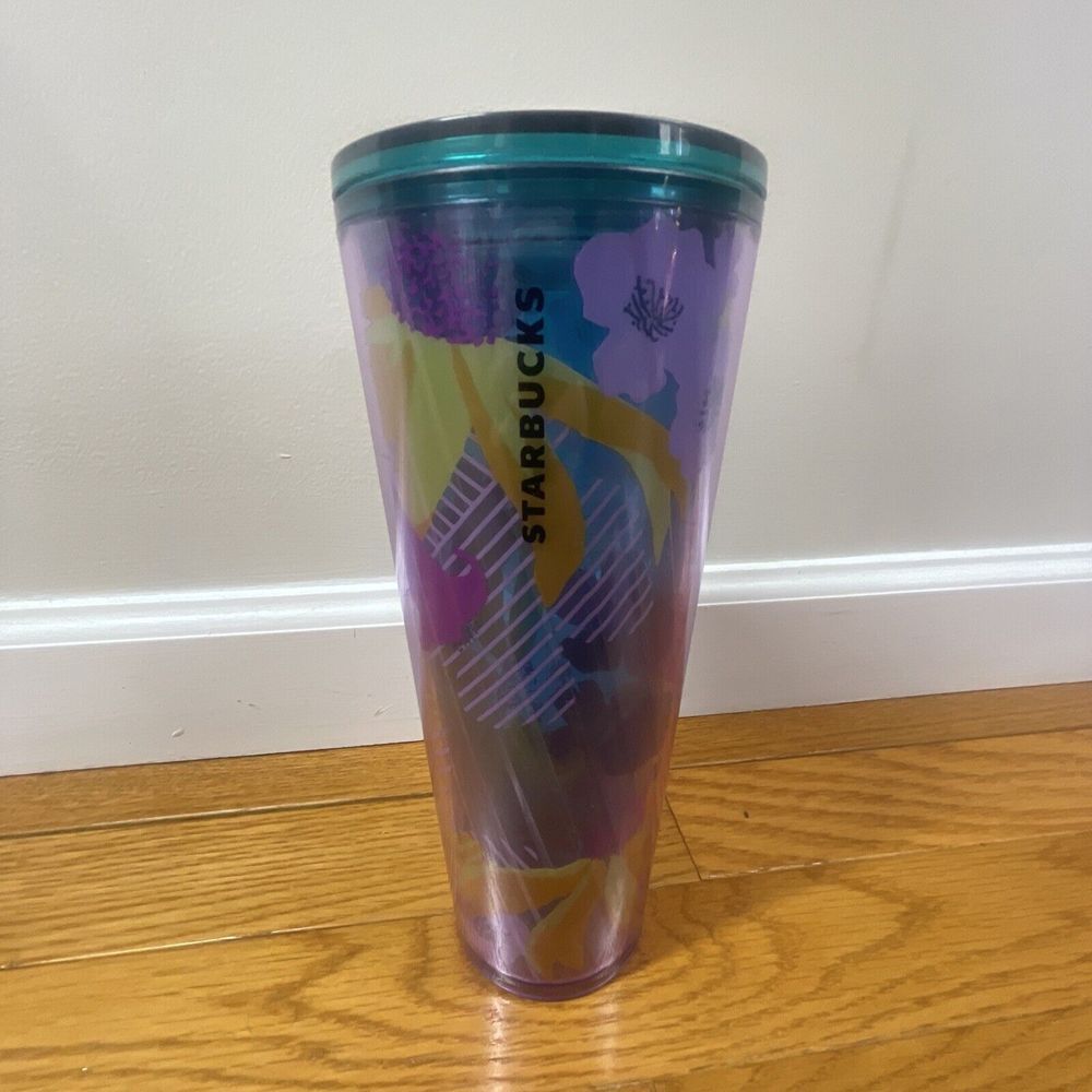 Starbucks Spring Purple Floral Flowers Clear Acrylic 24 Oz Cup Tumbler‎ No Straw